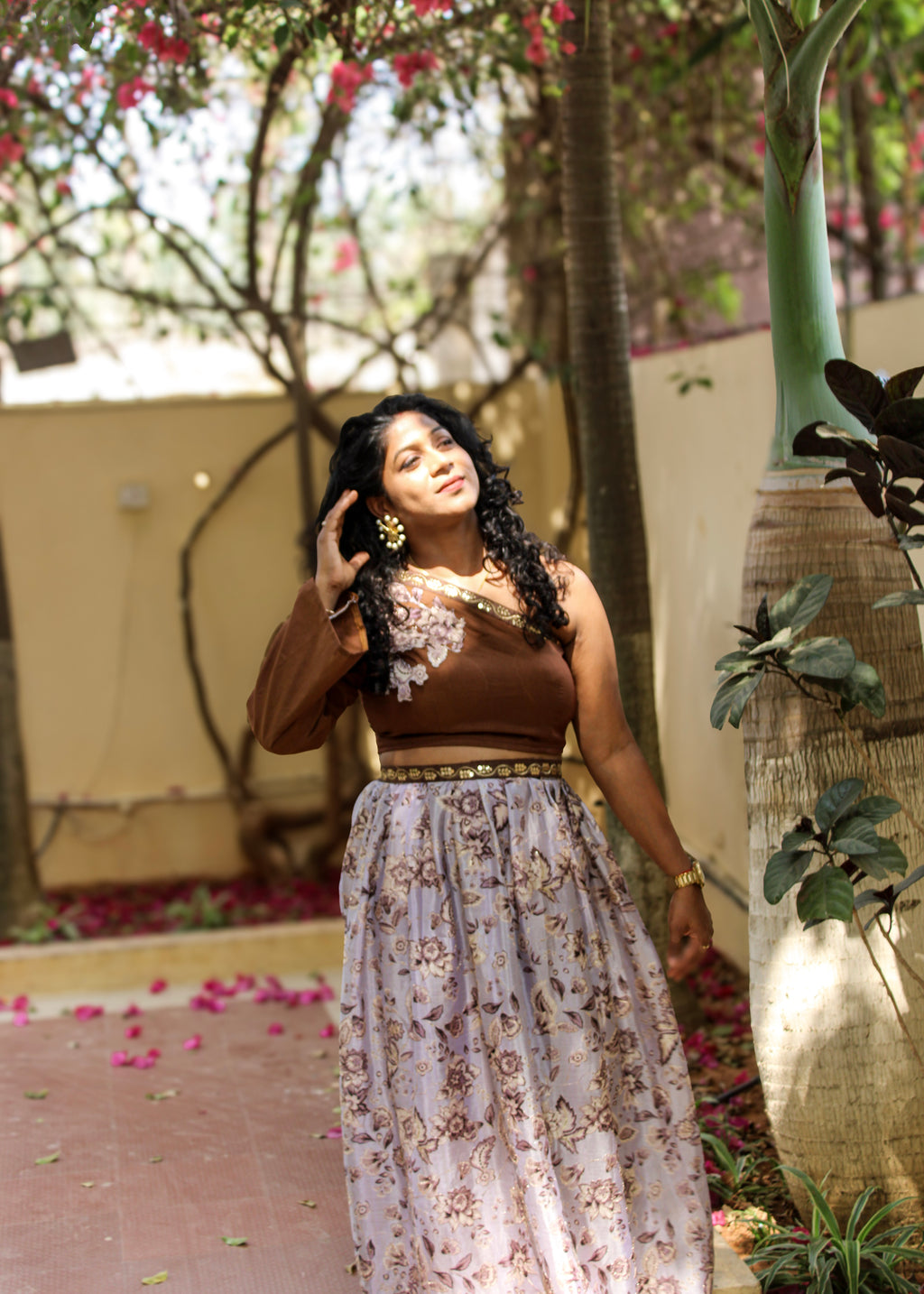 Nishika – Cotton Silk Appliqué Crop Top with Embroidered Crepe Skirt