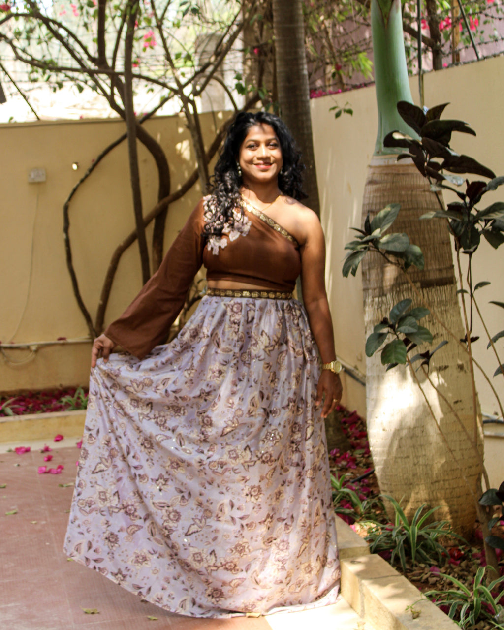 Nishika – Cotton Silk Appliqué Crop Top with Embroidered Crepe Skirt