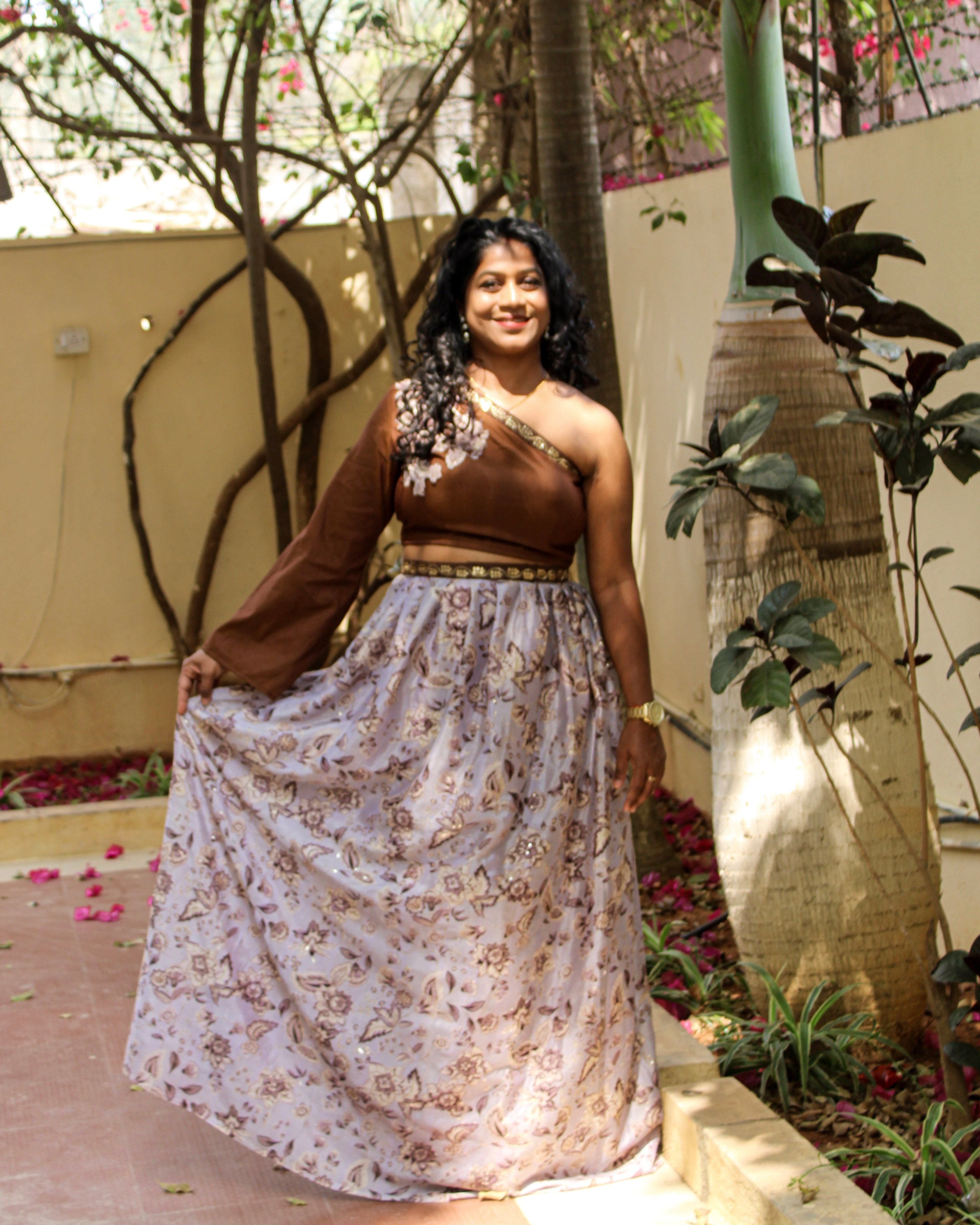 Nishika – Cotton Silk Appliqué Crop Top with Embroidered Crepe Skirt