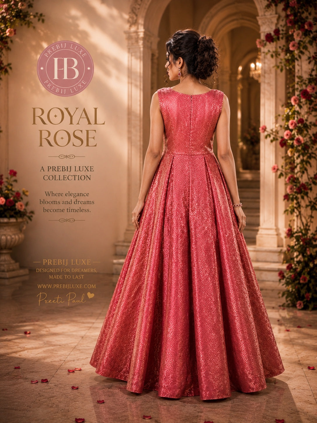 Royal Rose brocade flare gown back view