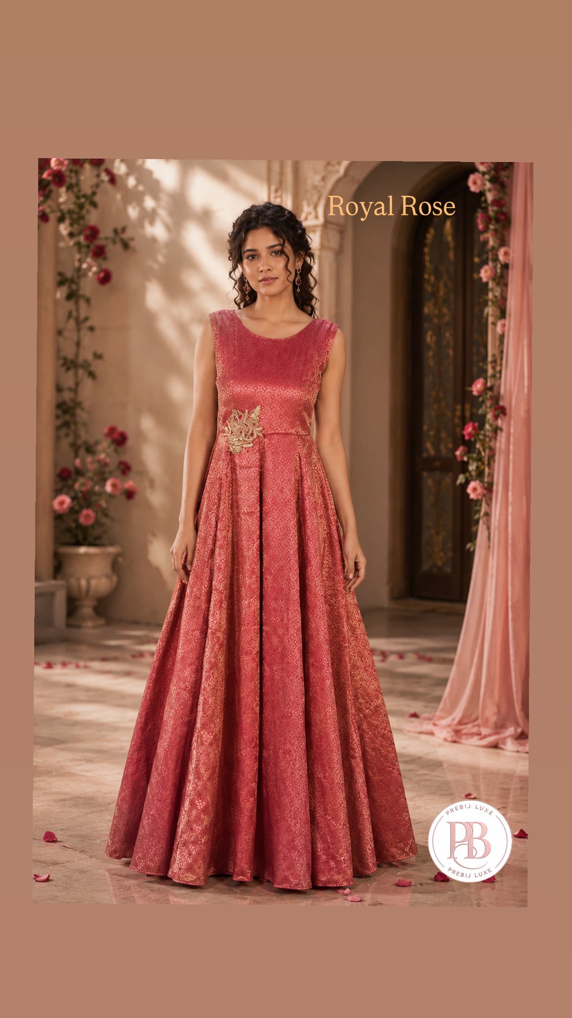Royal Rose brocade flare gown front detail