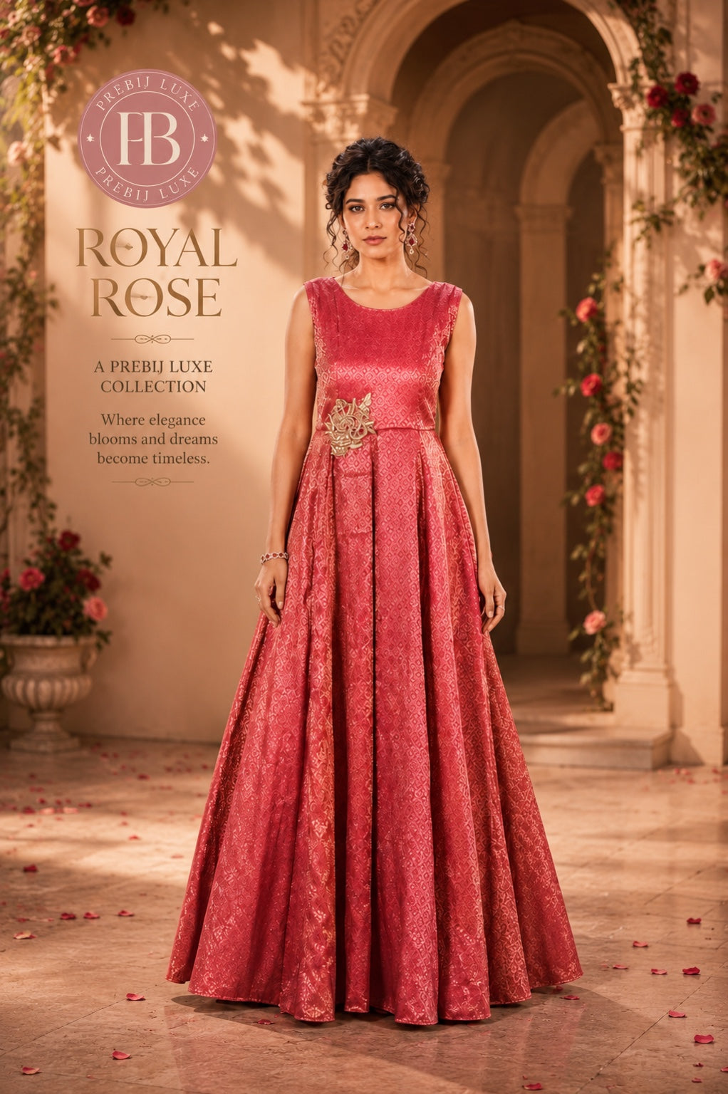 Royal Rose brocade flare gown front view